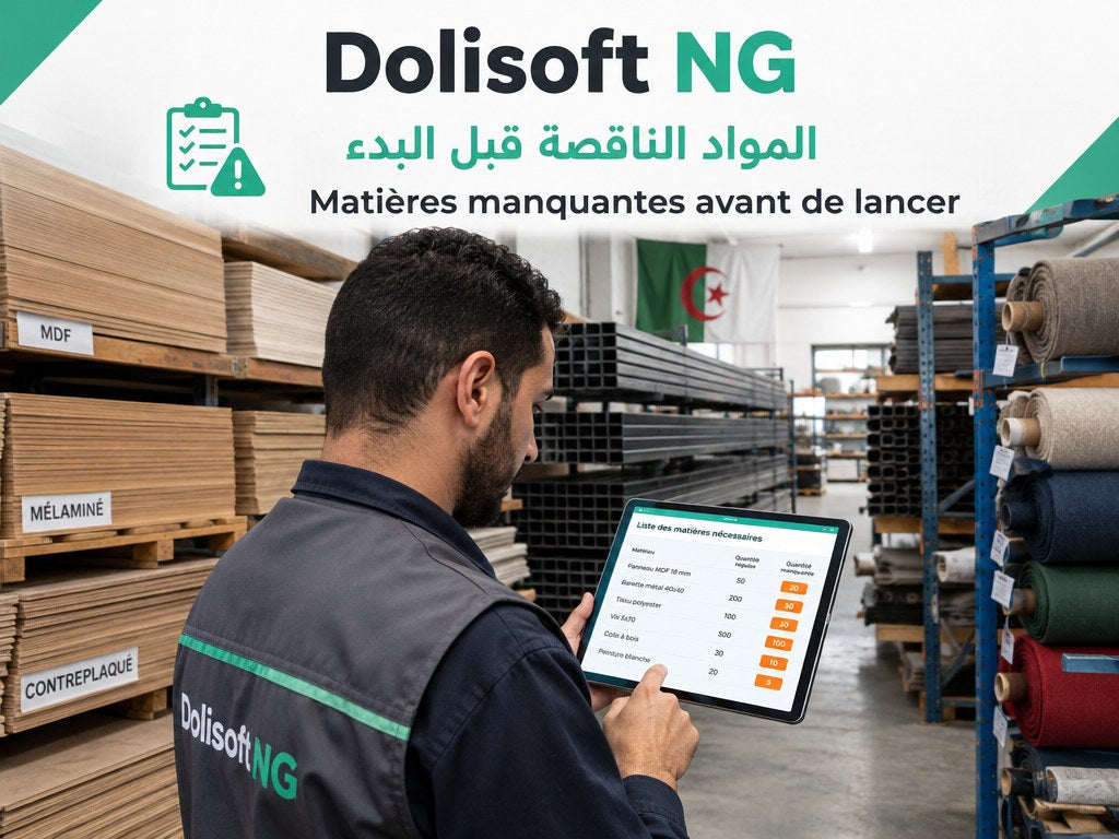 Dolisoft NG Atelier — matières manquantes avant de lancer