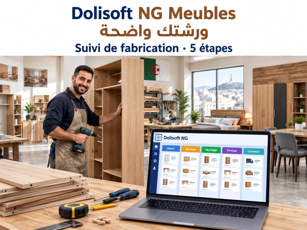 Dolisoft NG Meubles — suivi de fabrication en 5 étapes — ورشتك واضحة