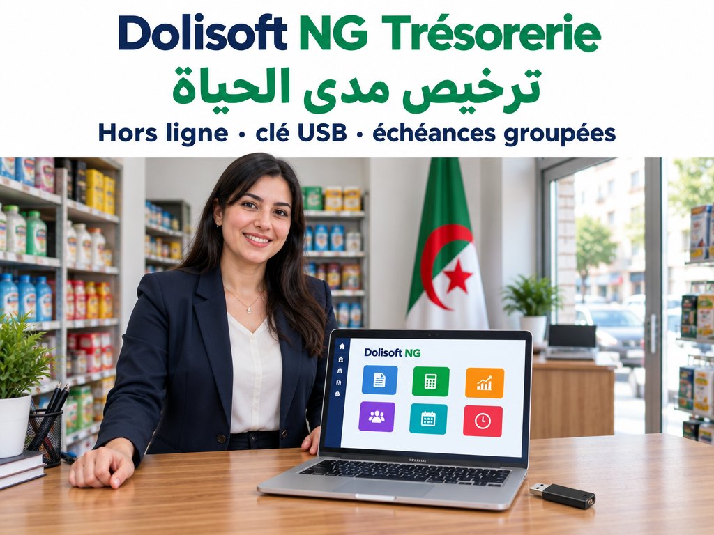 Dolisoft NG Trésorerie — licence à vie, hors ligne, clé USB, échéances groupées — ترخيص مدى الحياة